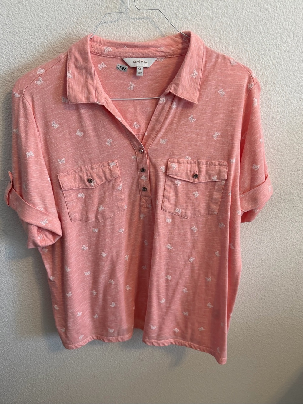 Coral Bay Pink Short Sleeve Button-Front Shirt with Chest Pockets